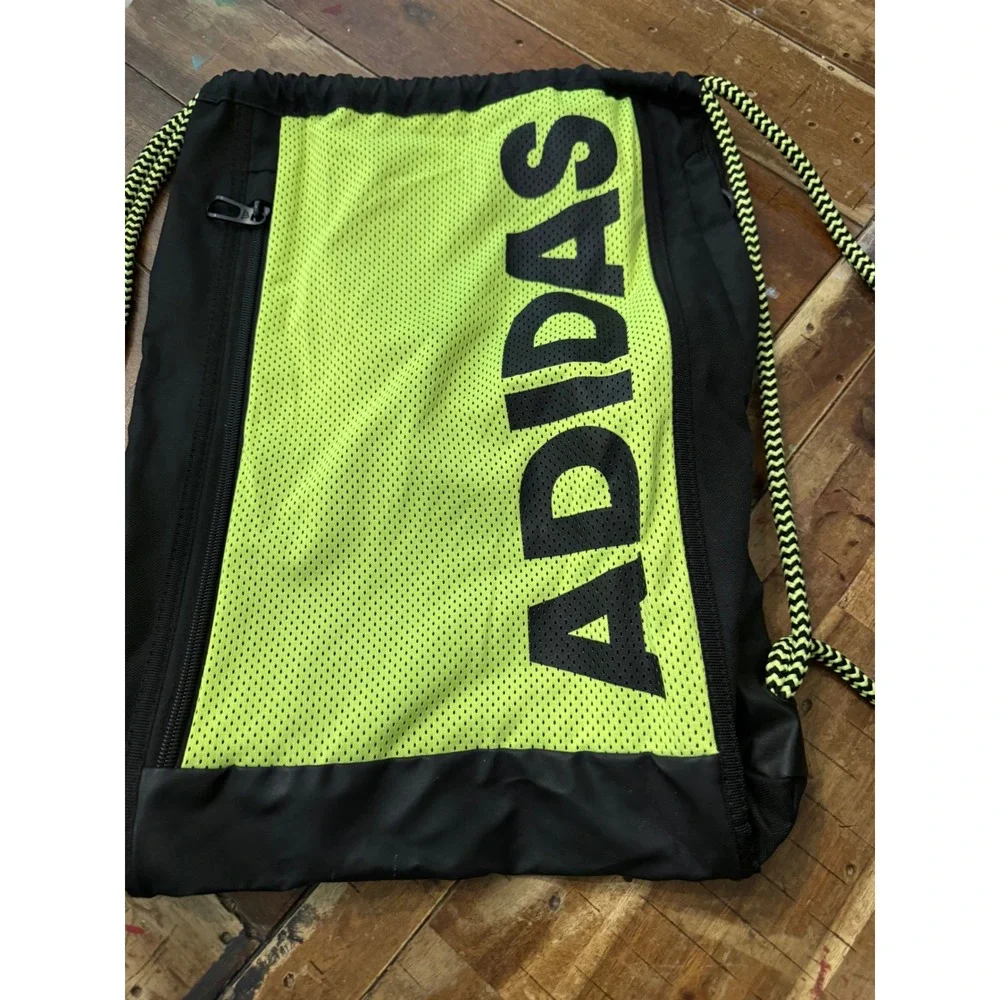 Adidas Drawstring Sackpack Black Neon Yellow Mesh Gym Bag with Zipper Pockets